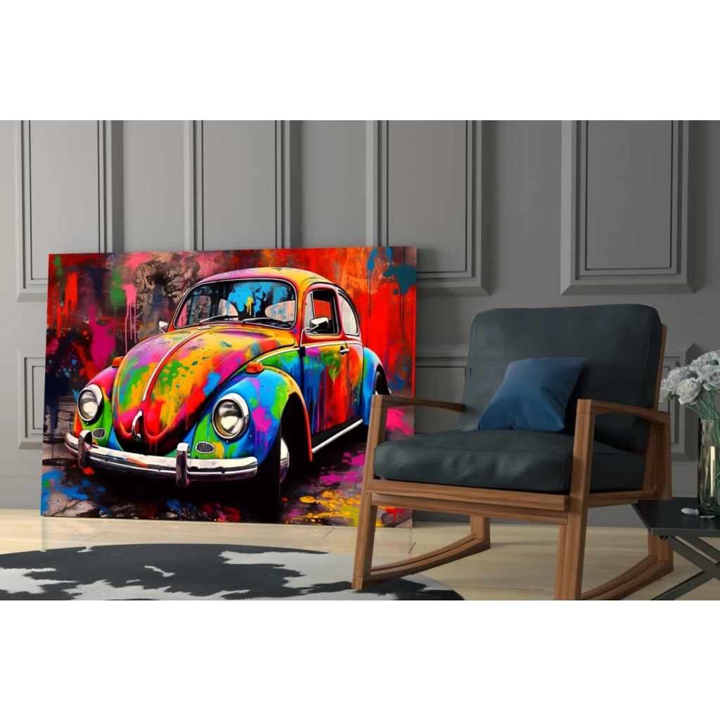 Vibrant rainbow splash Volkswagen Beetle canvas wall art