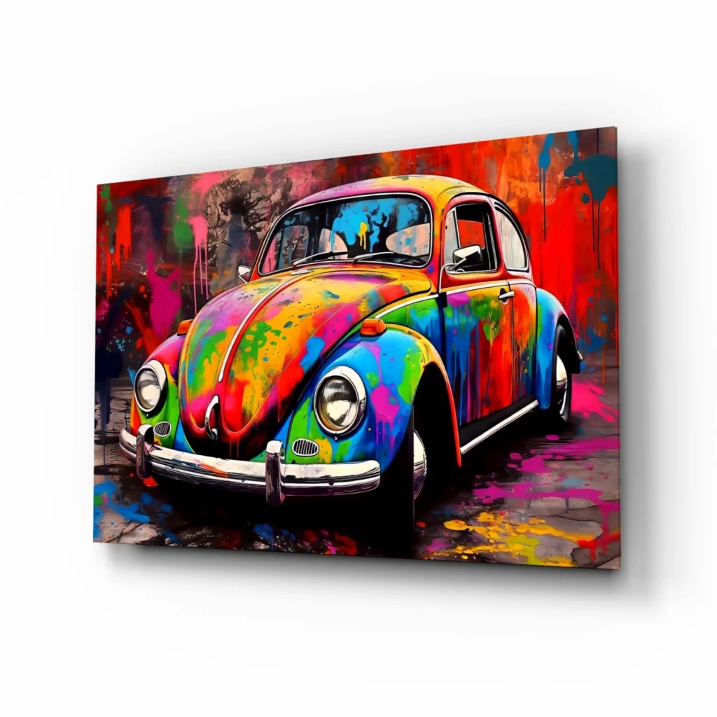 Vibrant rainbow splash Volkswagen Beetle canvas wall art print