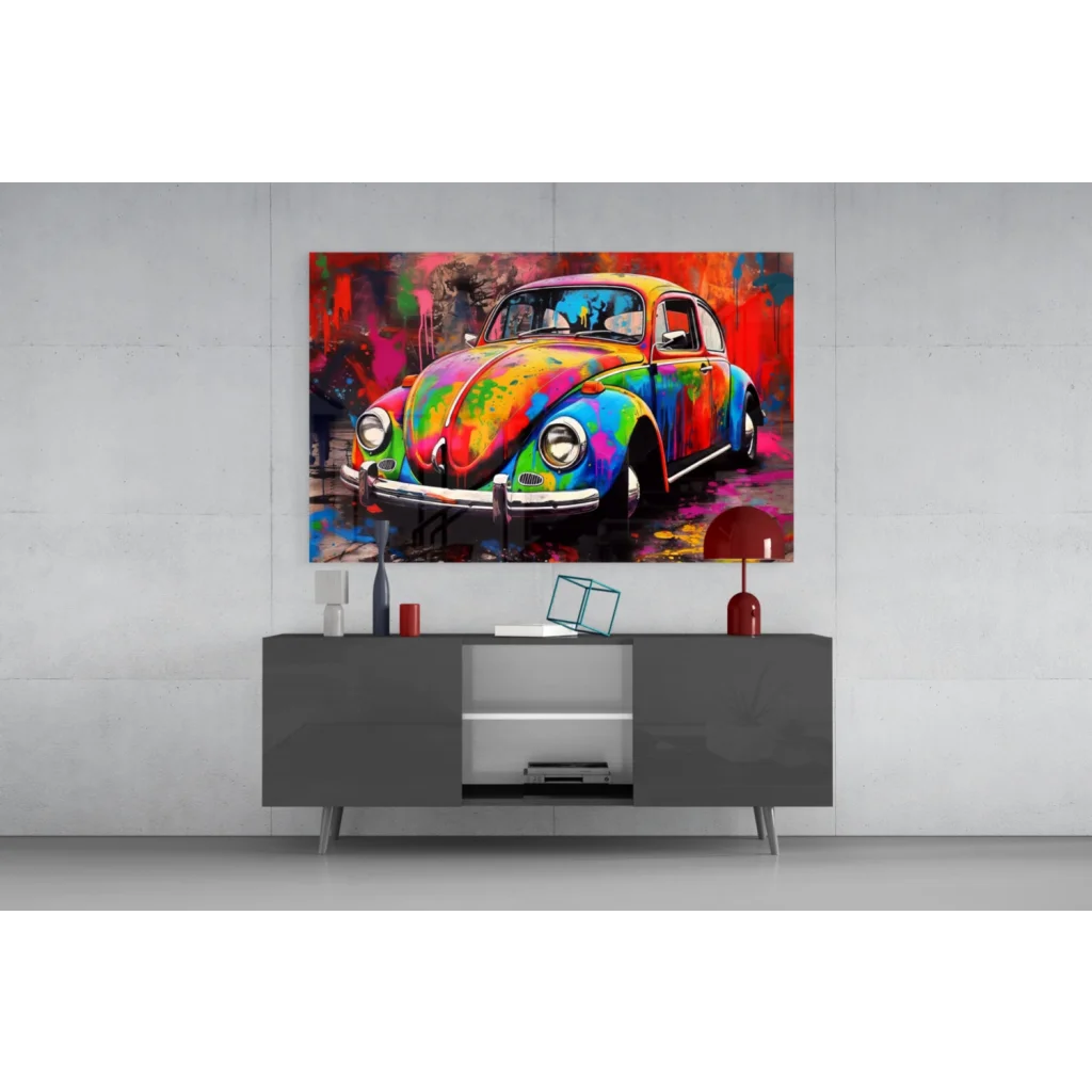 Vibrant rainbow splash Volkswagen Beetle wall art canvas