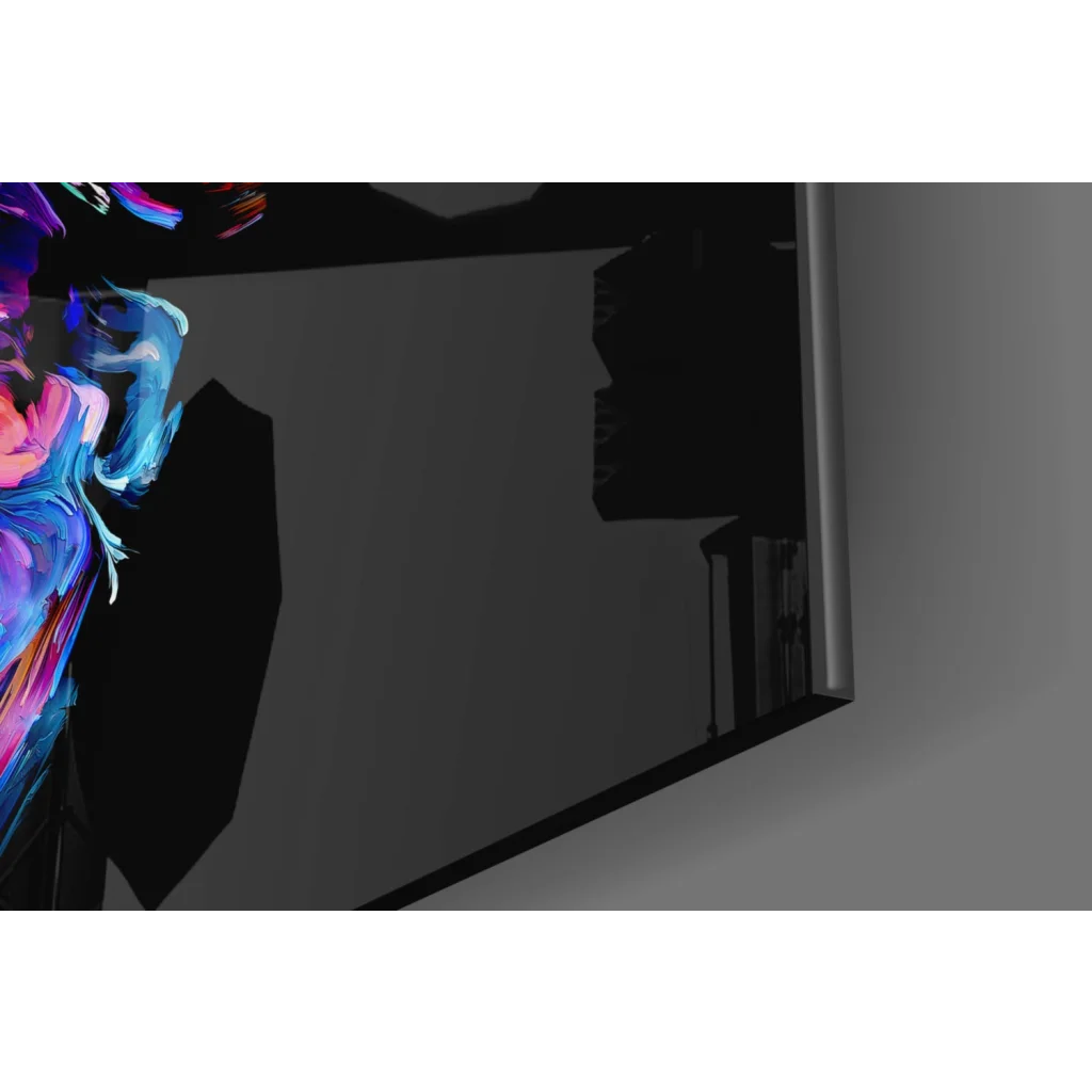 Sleek TV displaying Colorful Wings glass wall art on black canvas print