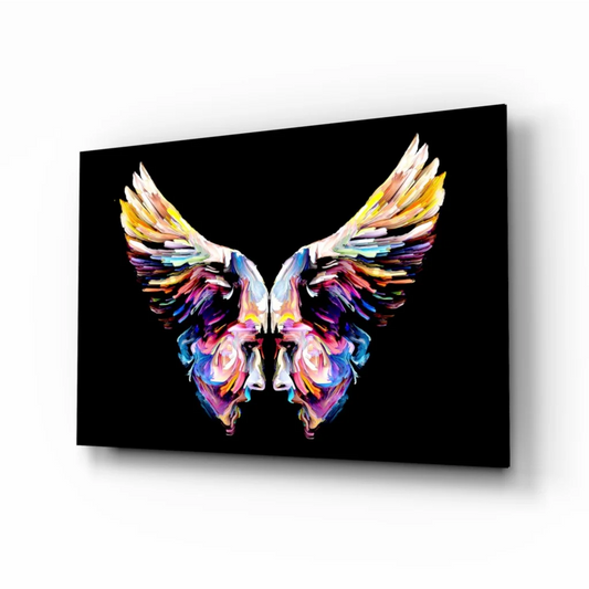 Vibrant winged face glass wall art on black canvas print