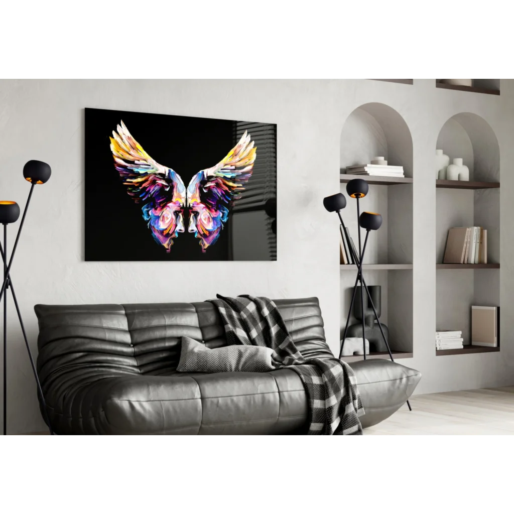 Vibrant multicolored wings glass wall art on sleek black canvas print
