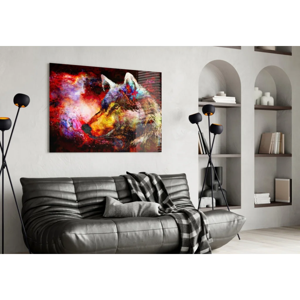 Cosmic Wolf Glass Wall Art With Swirling Galaxy Colors | Contemporary Home Wall Art | vintageantiquesgifts.com