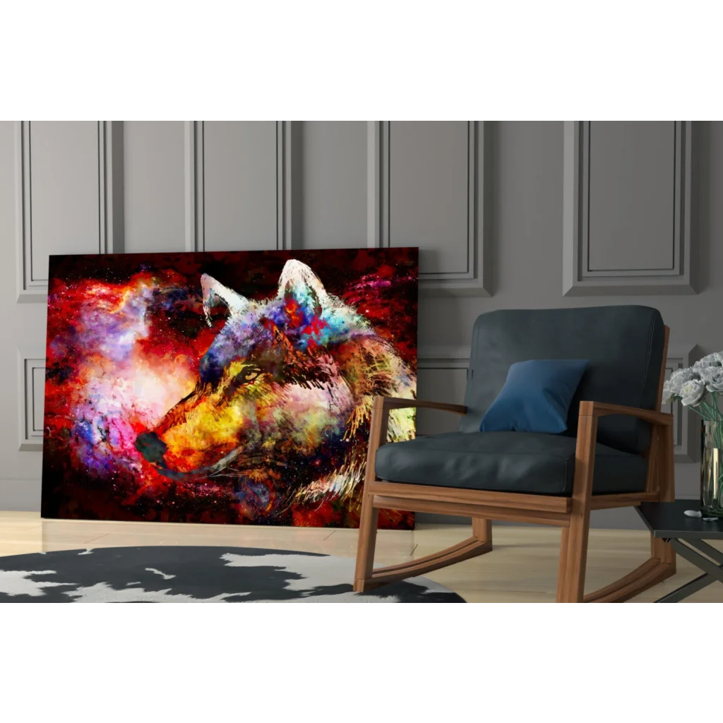 Vibrant cosmic wolf glass wall art with swirling red, purple, gold galaxy hues