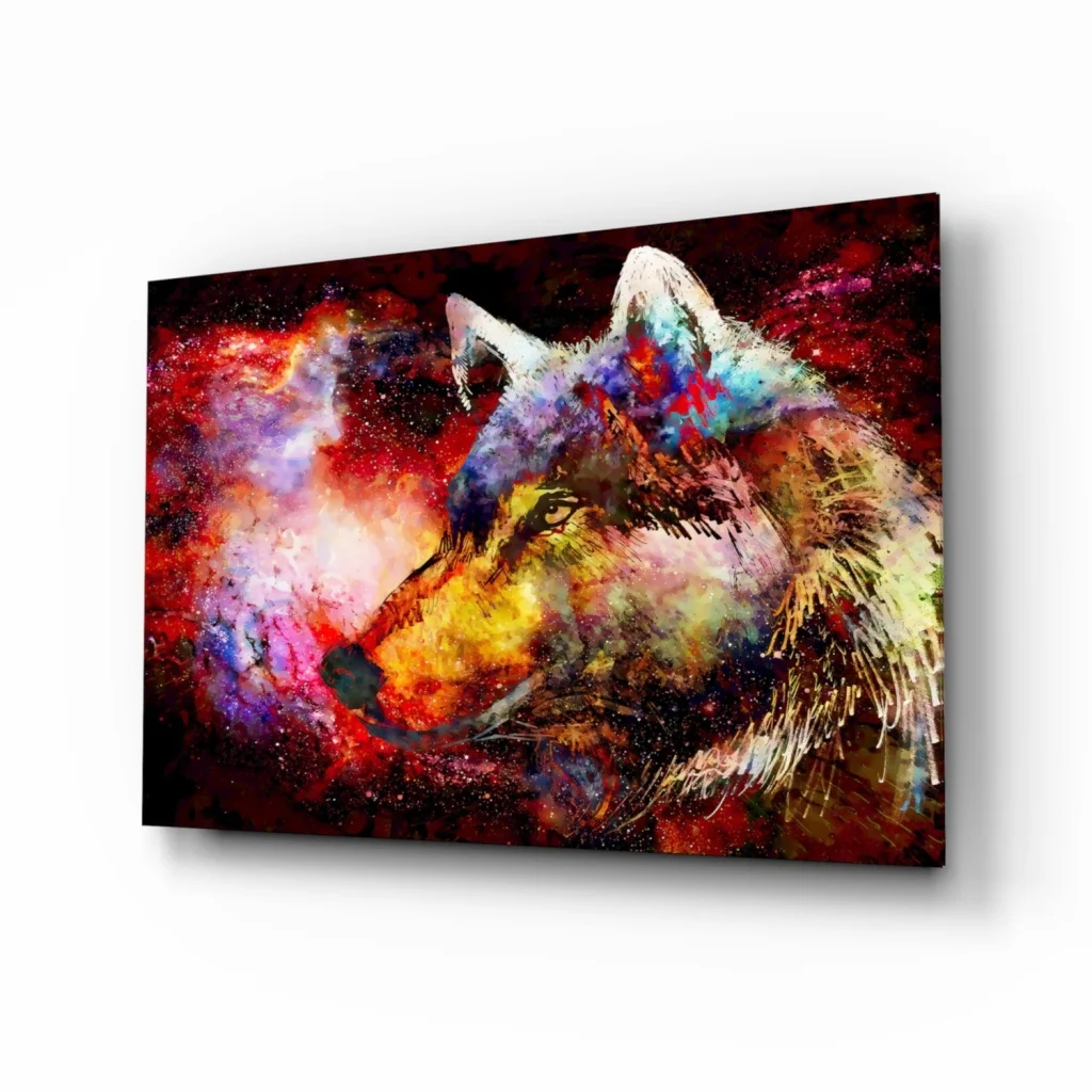 Cosmic Wolf Glass Wall Art With Swirling Galaxy Colors | Insigneart USA | vintageantiquesgifts.com