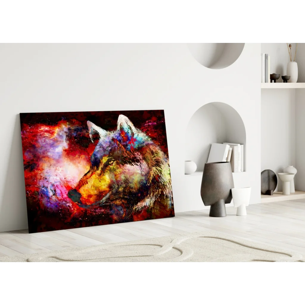 Cosmic Wolf Glass Wall Art With Swirling Galaxy Colors | Modern Wall Art Decor | vintageantiquesgifts.com