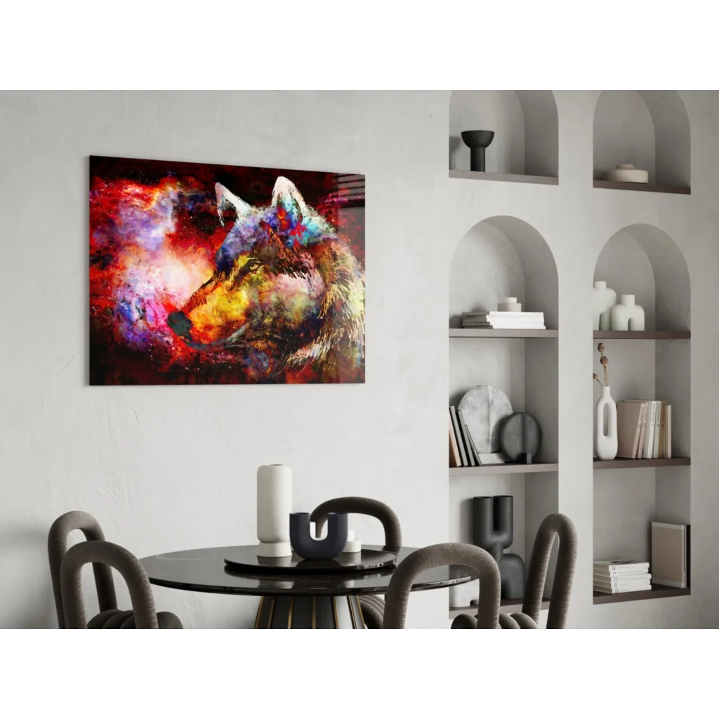 Vibrant cosmic wolf glass wall art with swirling galaxy hues