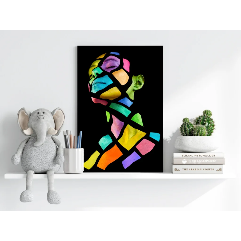 Vibrant rainbow mosaic face portrait on insigne aluminum prints