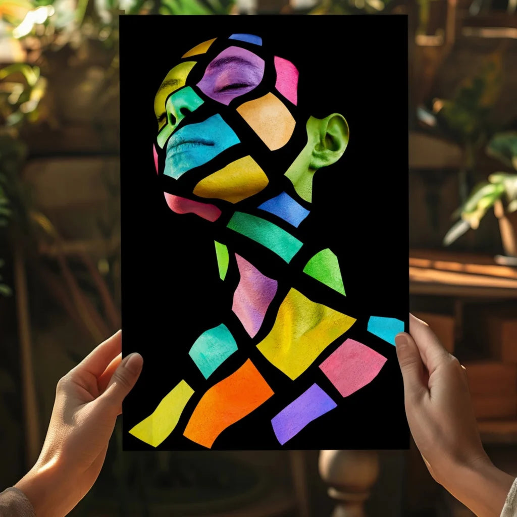 Vibrant rainbow stained glass portrait on insigne aluminum prints