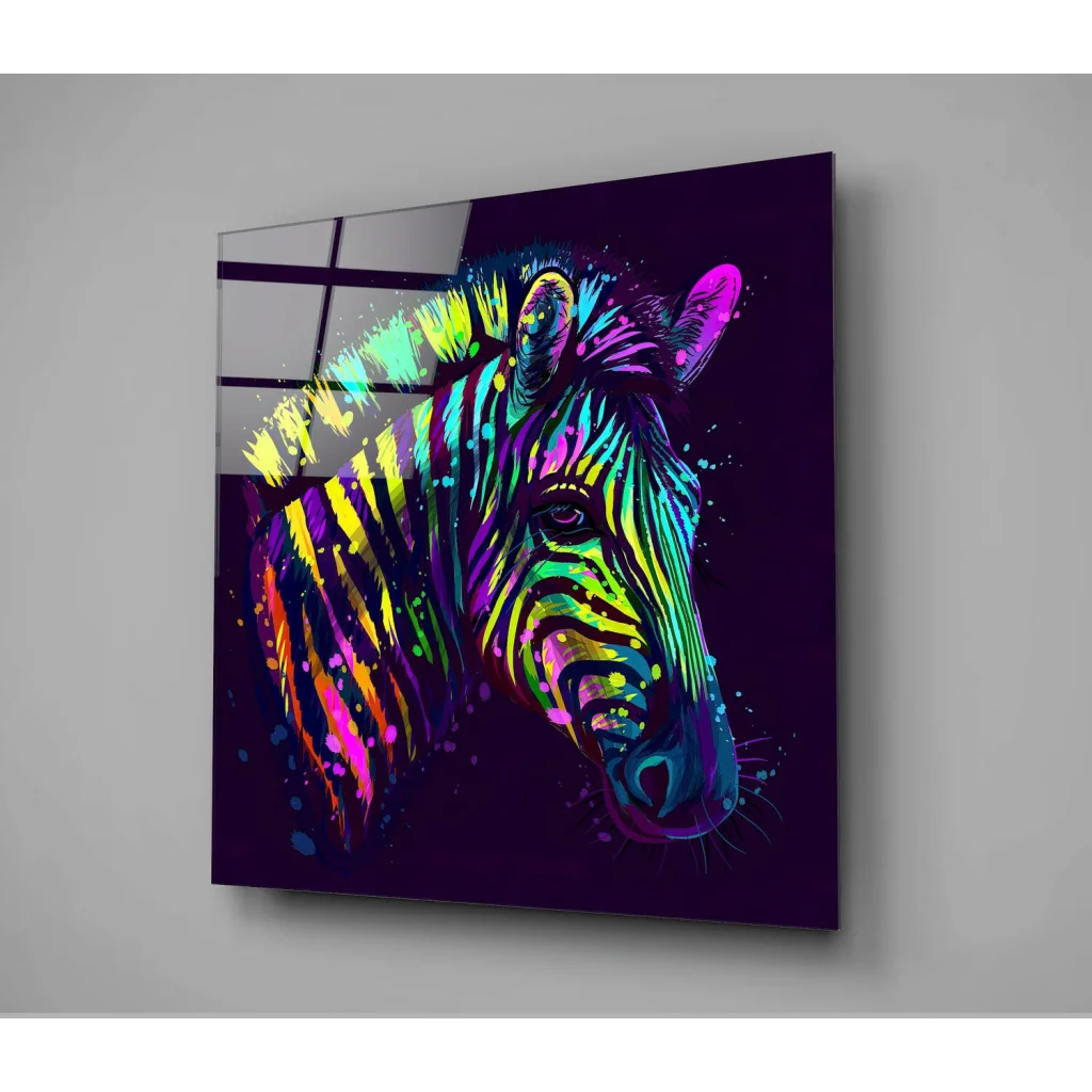 Neon Zebra Glass Wall Art with Electric Purple Glow | Modern Wall Art Decor | vintageantiquesgifts.com
