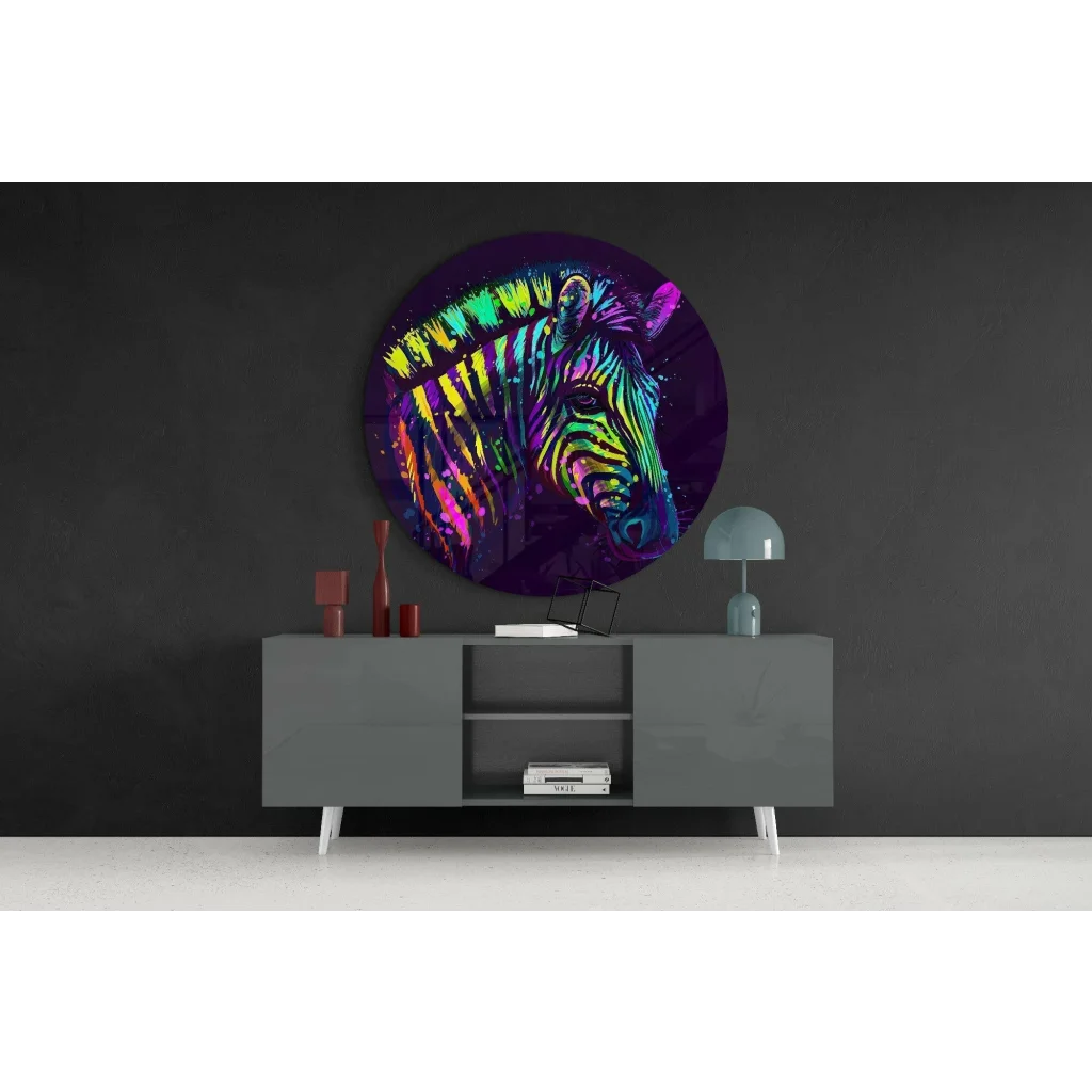 Vibrant neon zebra head on tempered glass art circle wall plaque