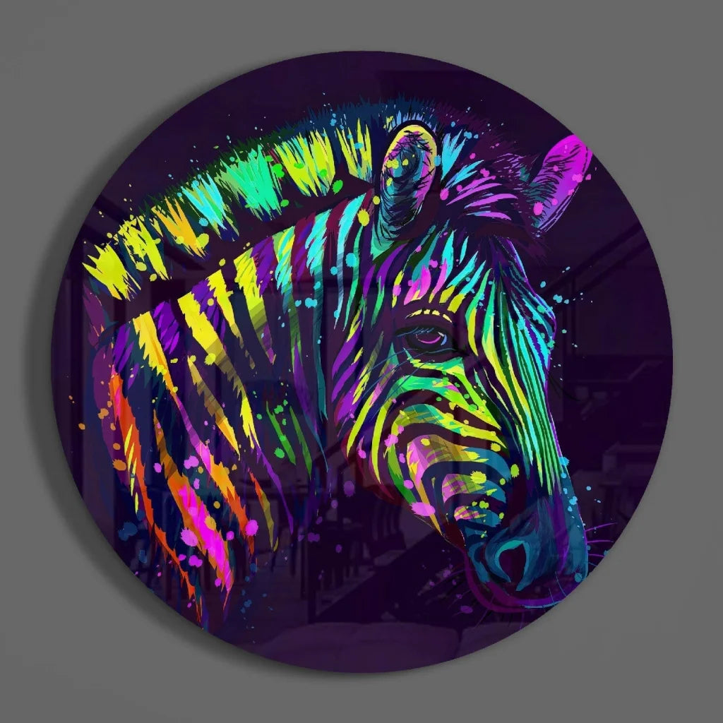 Vibrant neon colorful zebra on tempered glass art circle wall piece