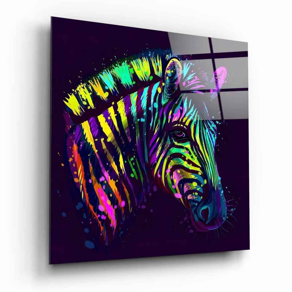 Neon Zebra Glass Wall Art with Electric Purple Glow | Insigneart USA | vintageantiquesgifts.com