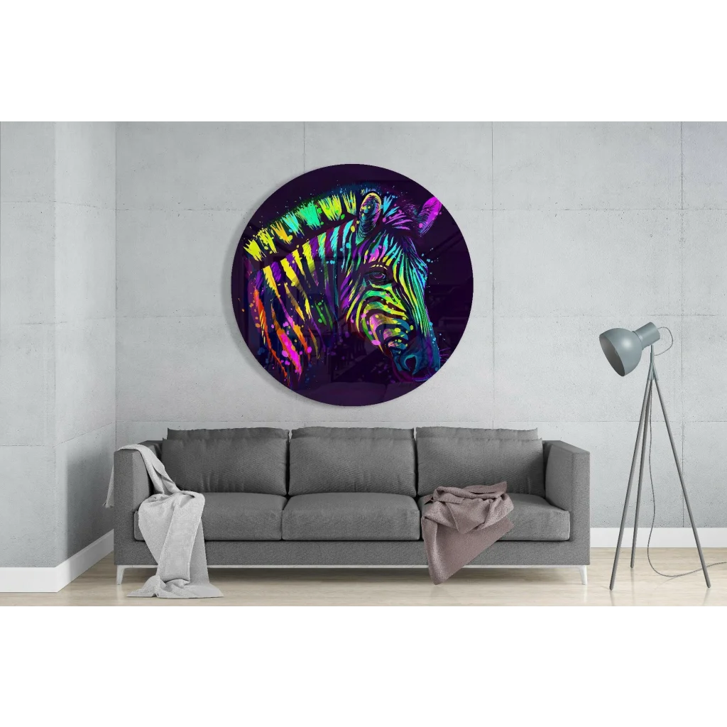Vibrant neon zebra portrait on tempered glass art circle wall piece
