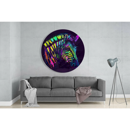 Vibrant neon zebra portrait on tempered glass art circle wall piece