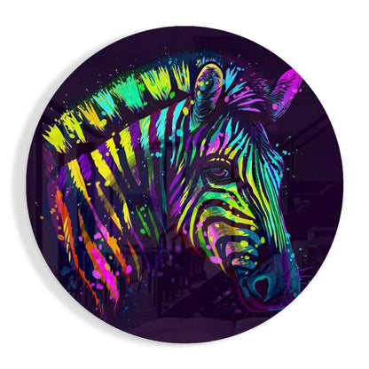 Vibrant neon zebra on tempered glass art circle wall plaque