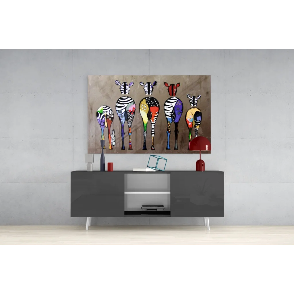 Vibrant colorful zebra glass wall art with bold abstract patterns