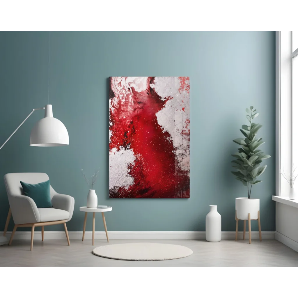Bold red abstract glass wall art with vibrant textured splashes