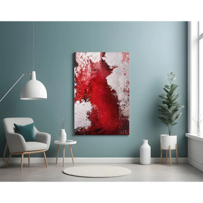 Bold red abstract glass wall art with vibrant textured splashes