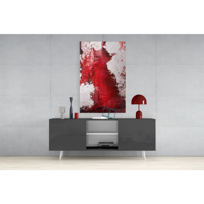 Bold red abstract glass wall art with textured splashes on canvas