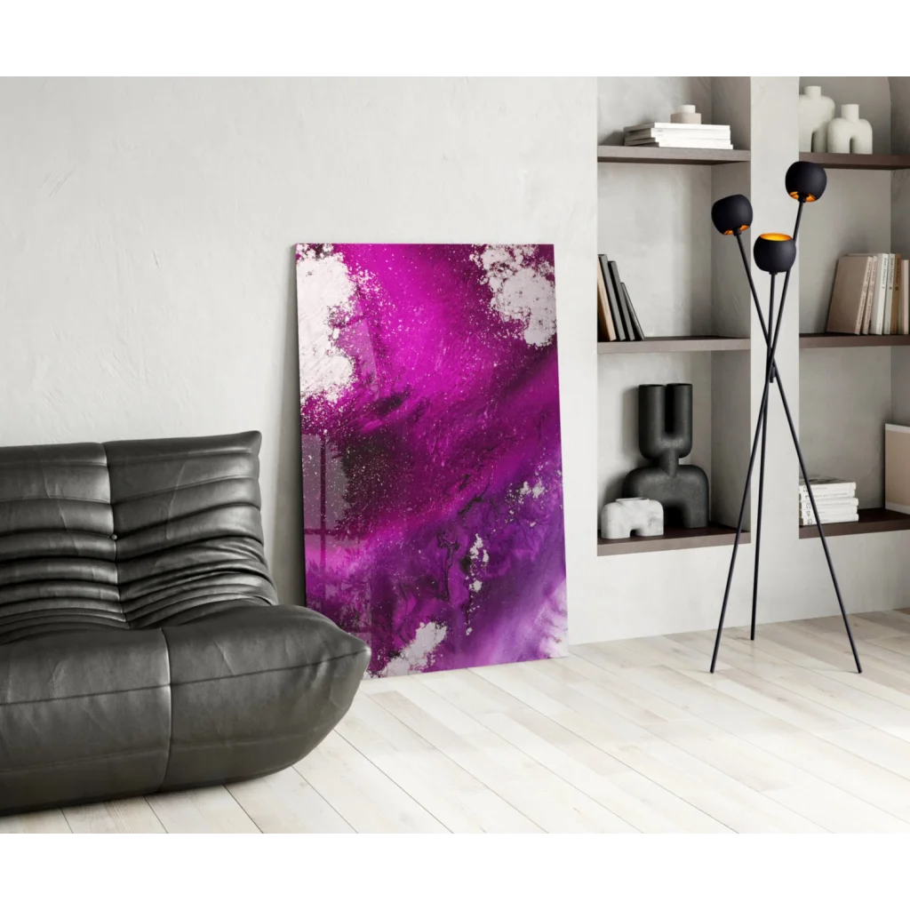 Stunning purple abstract glass wall art with glossy marble finish