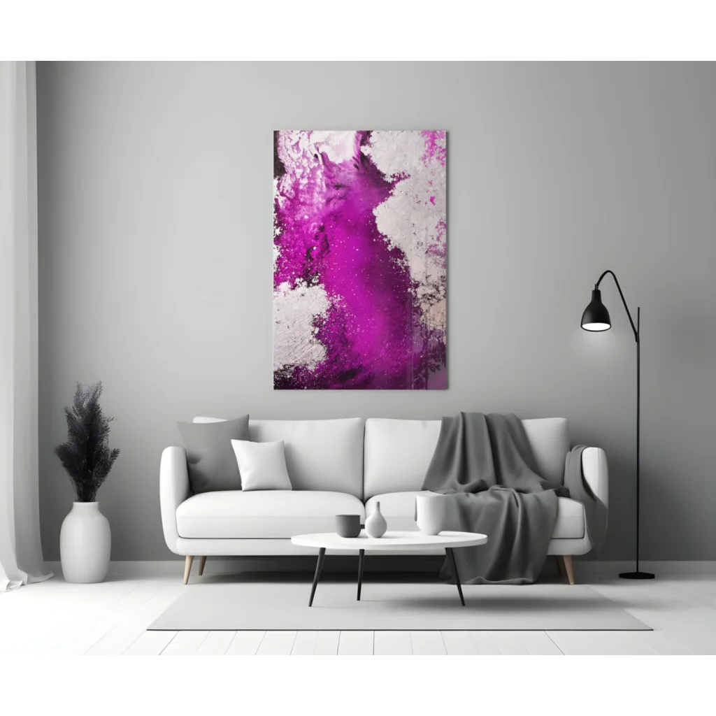 Vibrant magenta abstract glass wall art with textured splatter design