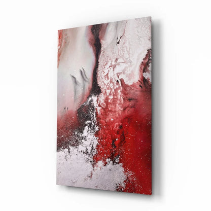 Bold red swirl glass wall art with glitter accents and textured swirls