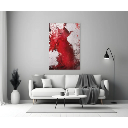 Bold red abstract glass wall art with textured splashes on gray wall