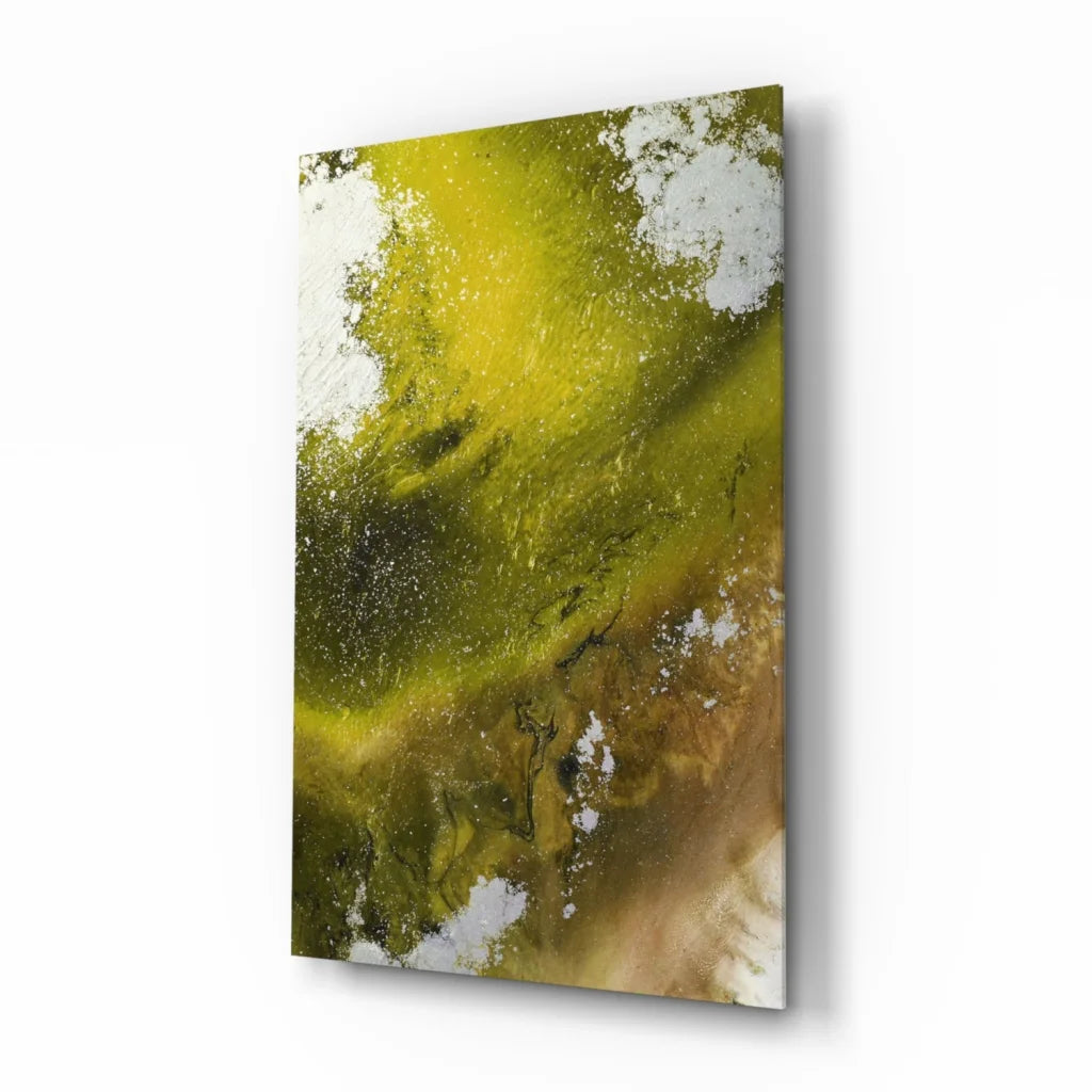 Swirling yellow green glass wall art abstract panel with olive gradients and textured splatters