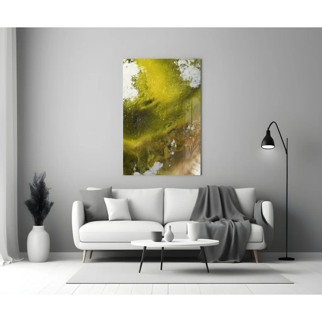 Vibrant swirling yellow green glass wall art abstract panel on gray wall
