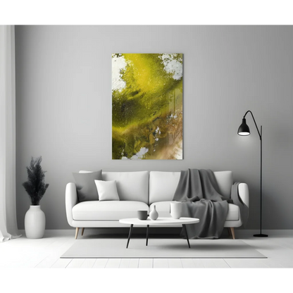 Vibrant swirling yellow green glass wall art abstract panel on gray wall