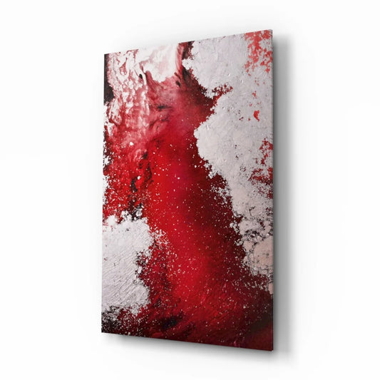 Vibrant red and white abstract glass wall art with textured splashes