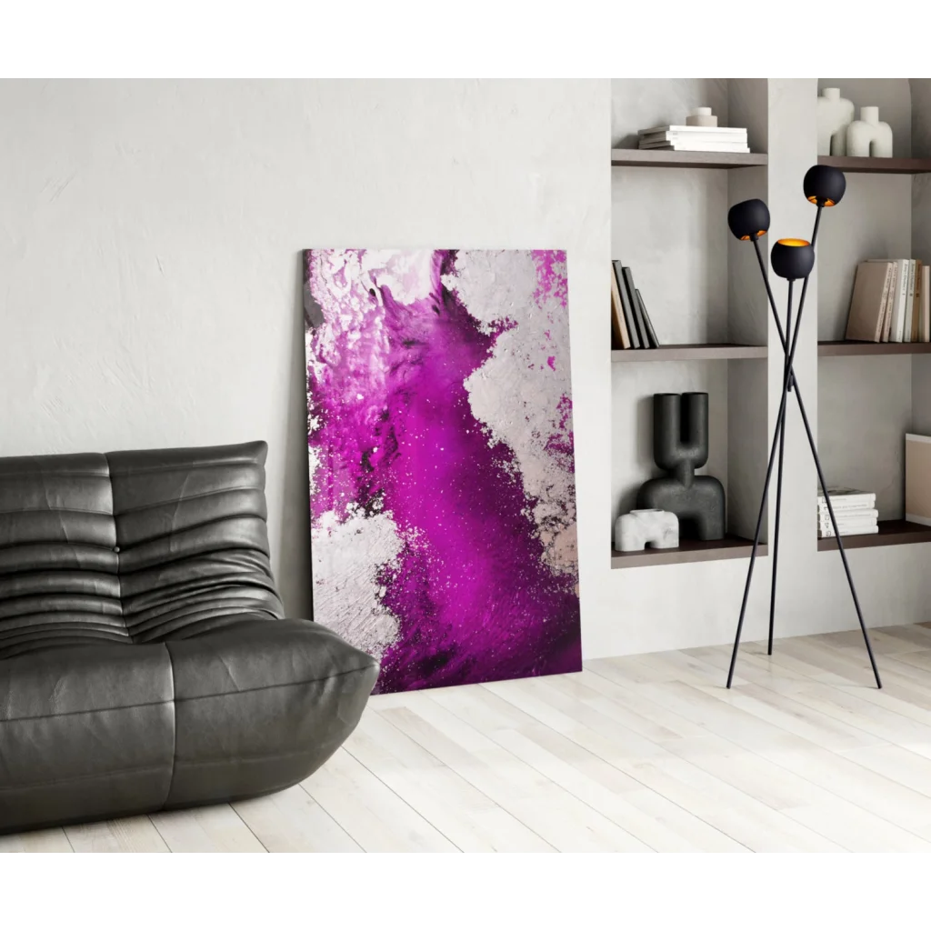 Vibrant magenta abstract glass wall art with purple splatter on canvas