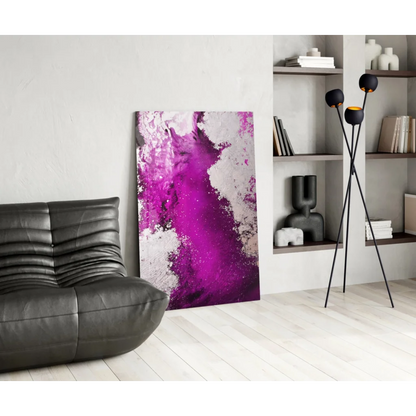 Vibrant magenta abstract glass wall art with purple splatter on canvas