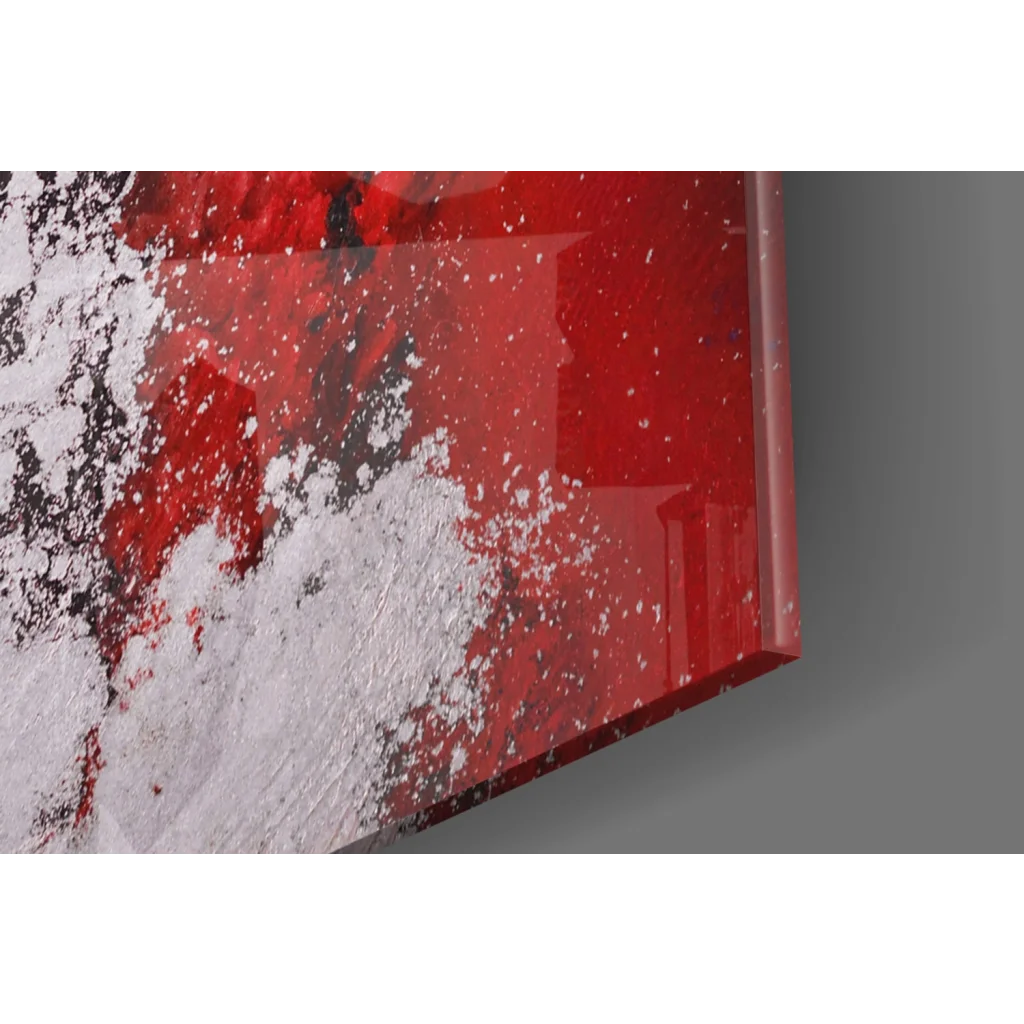 Vibrant red and white bold swirl glass wall art with glitter accents