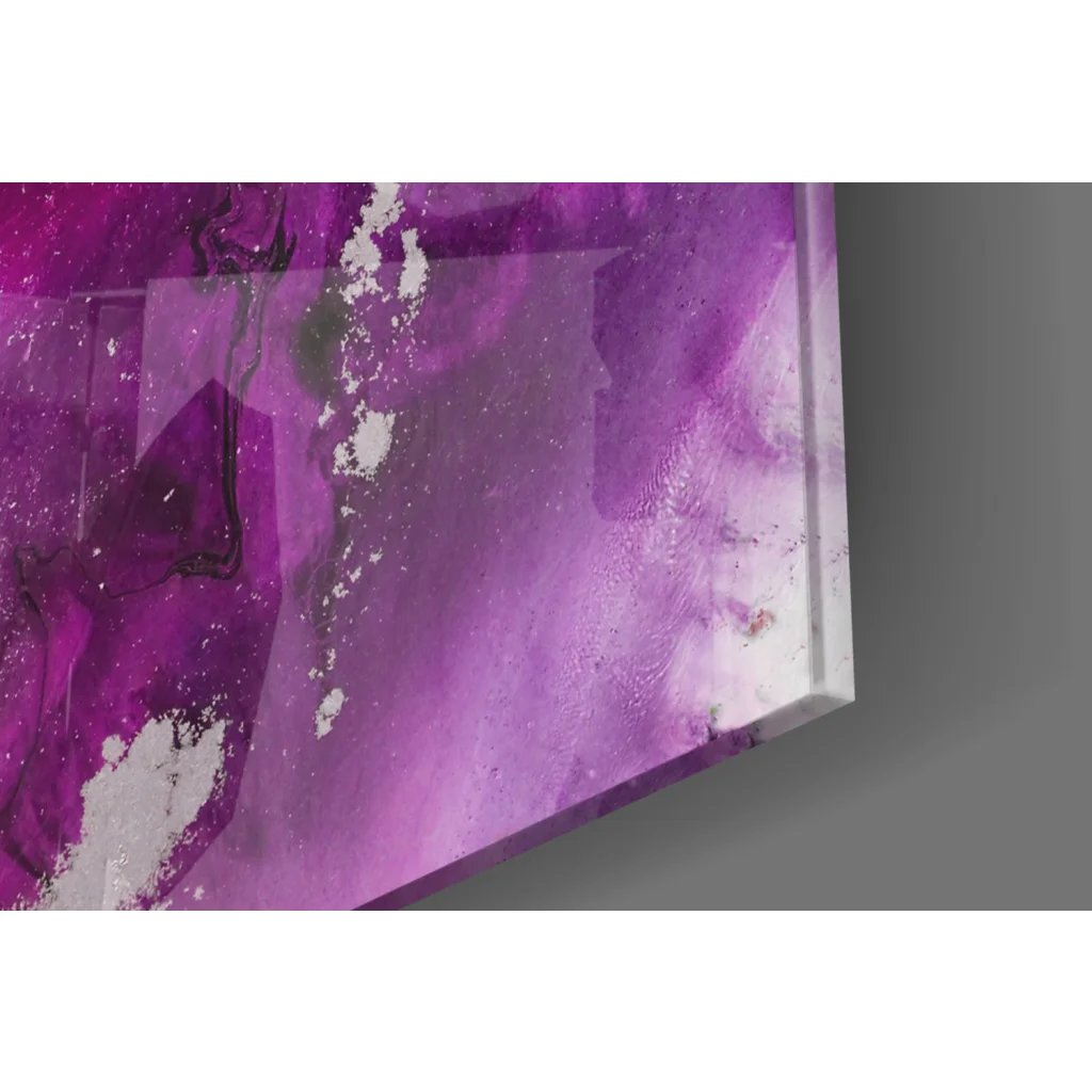 Vibrant purple and white glass wall art with glossy marble finish