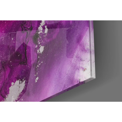 Vibrant purple and white glass wall art with glossy marble finish
