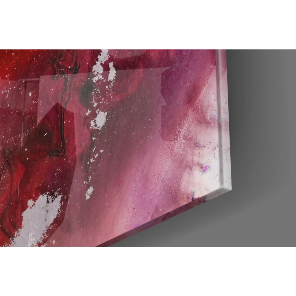 Vibrant abstract glass wall art with swirling reds, pinks, white splatters