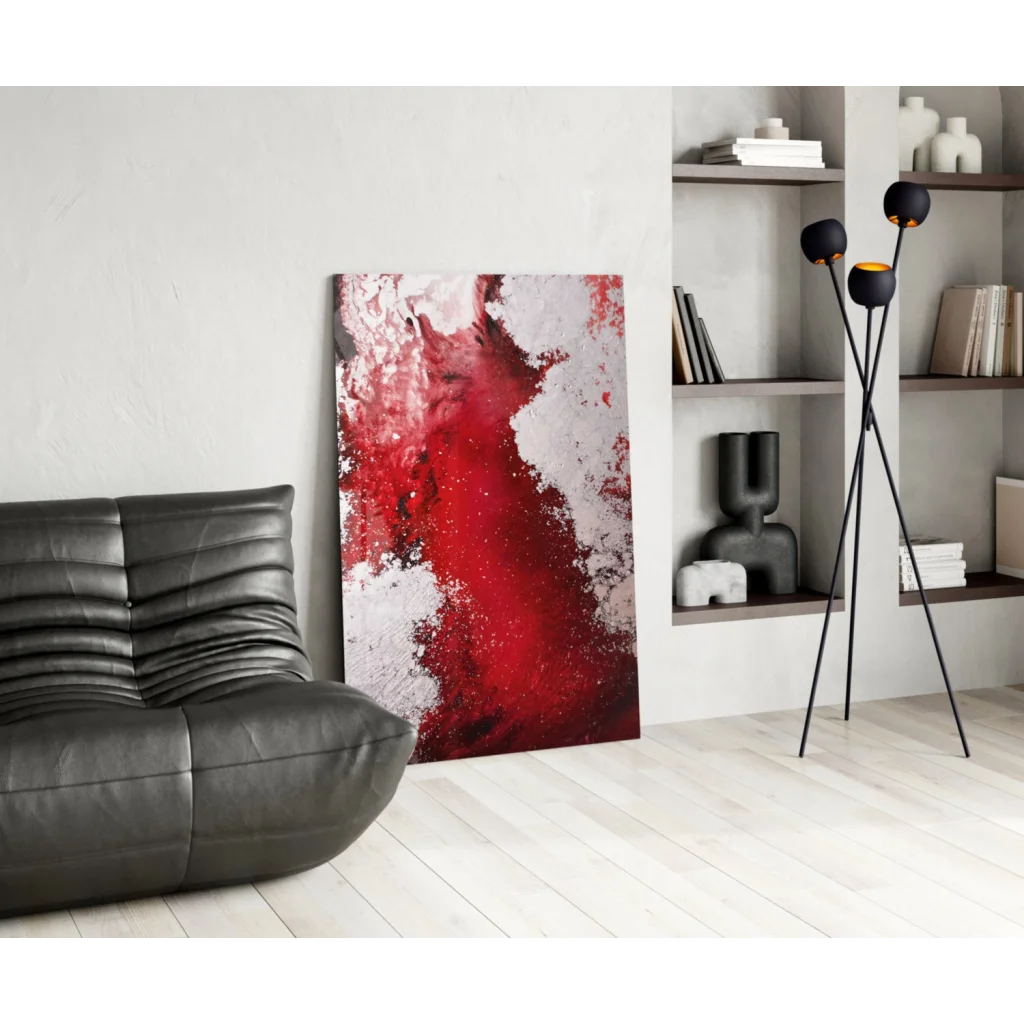 Bold red abstract glass wall art with textured splashes