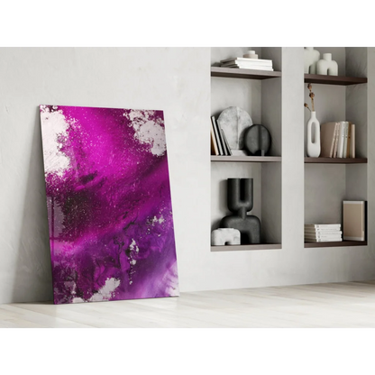 Vibrant magenta glass wall art with glossy marble finish on minimalist wall