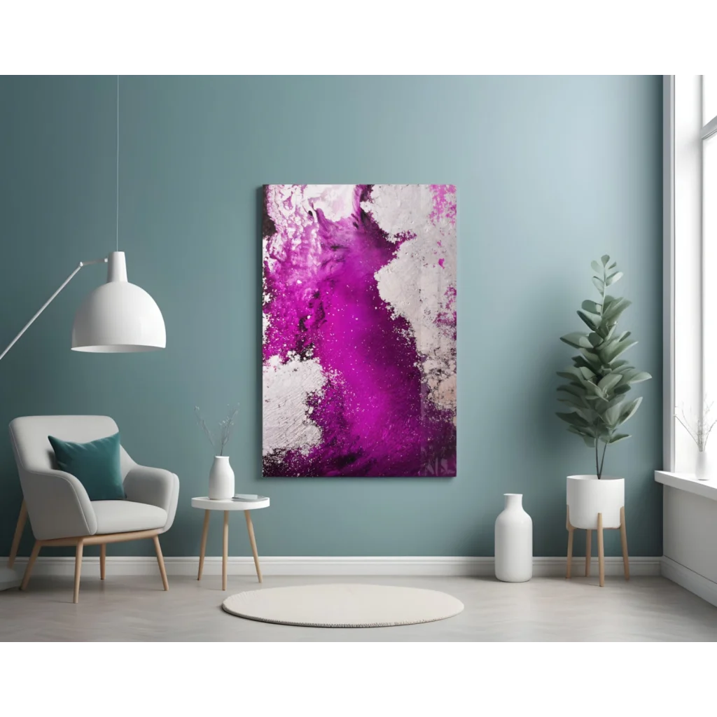Vibrant purple and white glass wall art with glossy fluid splatter design