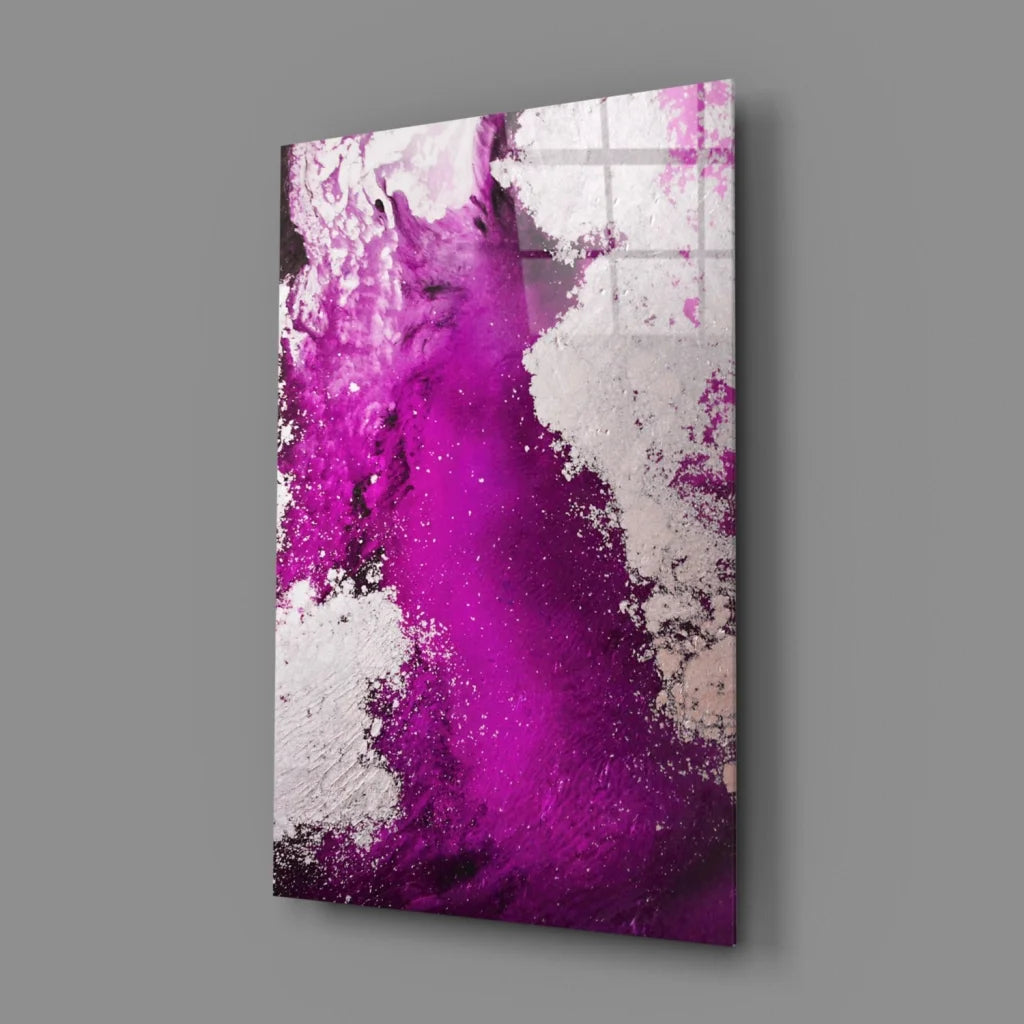 Vibrant magenta purple abstract glass wall art with glossy textured splatter