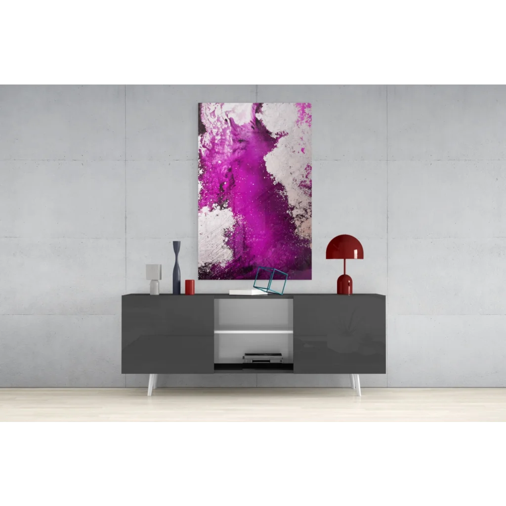 Vibrant magenta abstract glass wall art with textured splatter on canvas