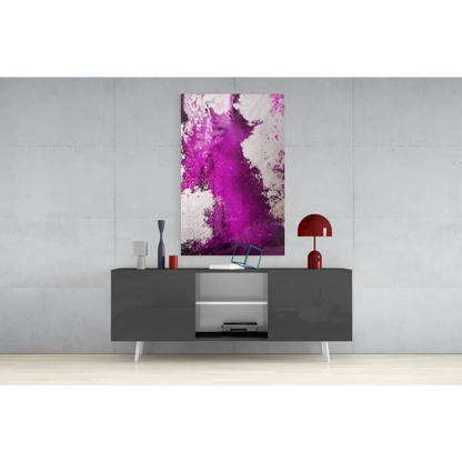 Vibrant magenta abstract glass wall art with textured splatter on canvas
