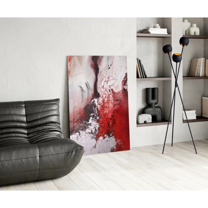 Bold red swirl glass wall art with glitter accents and abstract paint strokes