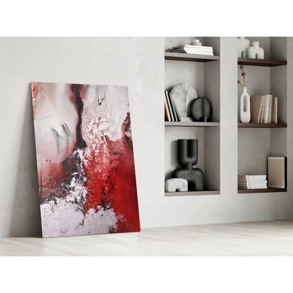 Vibrant bold red swirl glass wall art with glitter accents and textured splashes