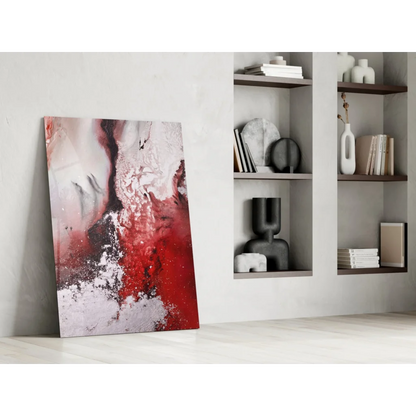 Vibrant bold red swirl glass wall art with glitter accents and textured splashes