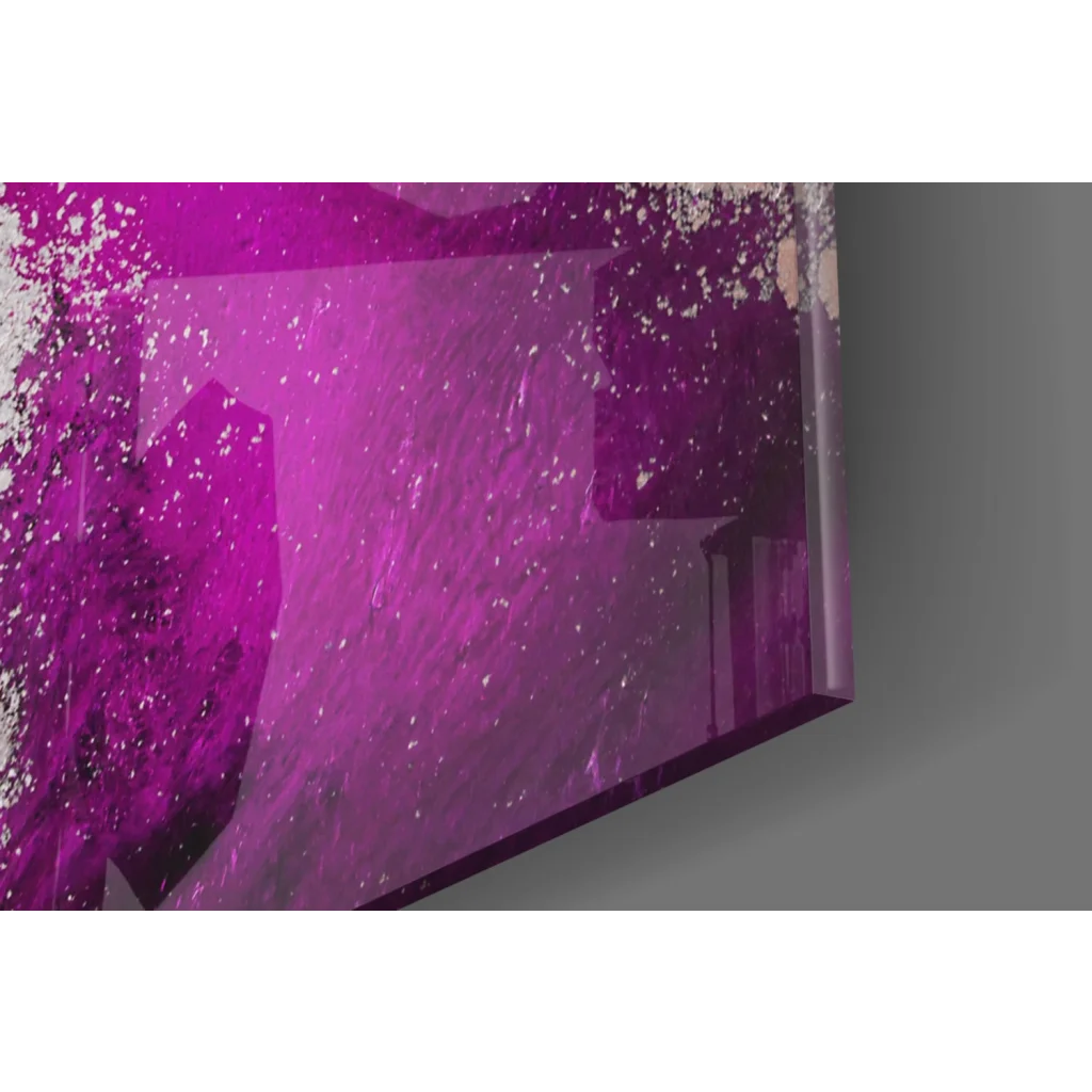 Vibrant purple faceted glass wall art with sparkling inclusions and textured splatter