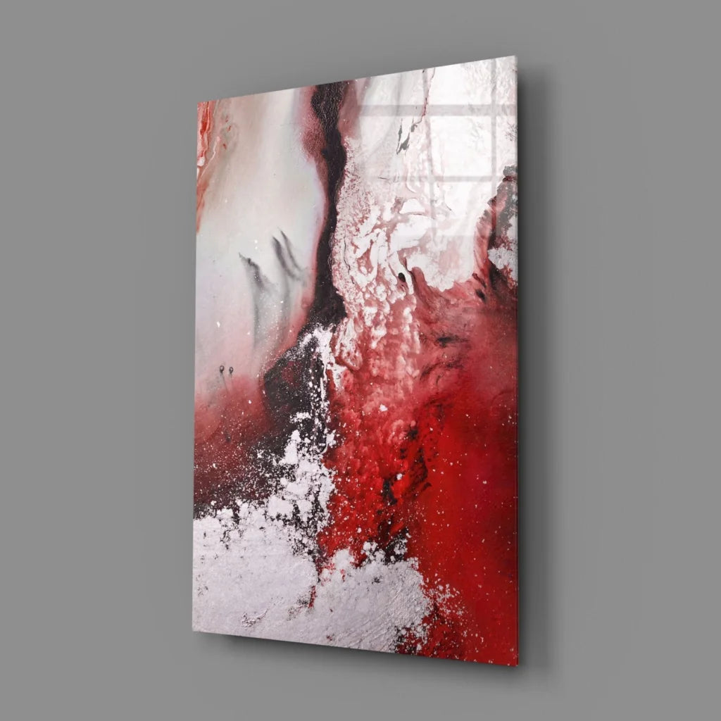 Bold red and black swirl glass wall art with glitter accents