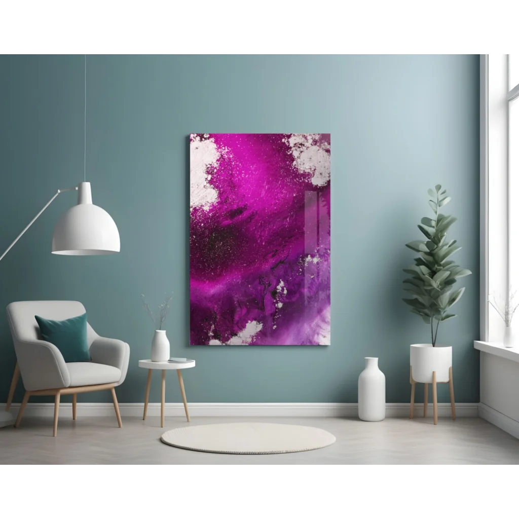 Vibrant magenta and white glass wall art with glossy marble finish